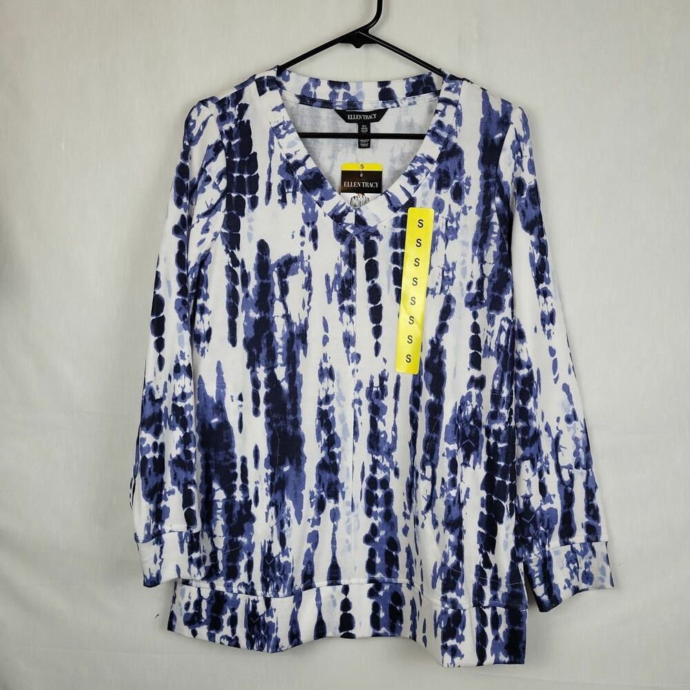 Ellen Tracy Womens Blue White V Neck Relaxed Fit Side Pockets Basic Top Size S